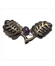 1930s Taxco Mexico Large ELMA Sterling Silver Amethyst Leaf Pin Brooch 