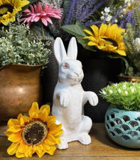 RARE French Bavent Faience Terracotta Standing White Rabbit Pink Glass Eyes 8.5"