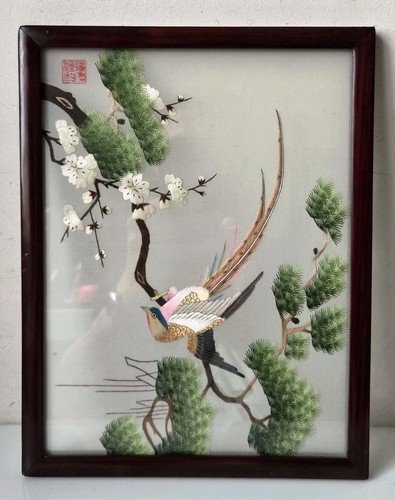 Tableau fil soie - soie, oiseau