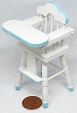 Poupées Maison Bébés Chaise Haute Blanc Et Bleu Bois 1:12 Échelle Miniature Au