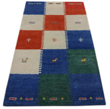 Tapis Gabbeh 93x150 CM Noué à la Main ~ 100% Laine ~ Bleu Beige Gris Orange M6