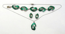 Vintage SET Norway Modernist Ivar Holth Sterling Guilloche Green Enamel Jewelry