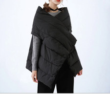 PONCHO DOWN GOOSE SHAWL JACKET BAT PADDED LIGHTWEIGHT vest WOMEN BLACK
