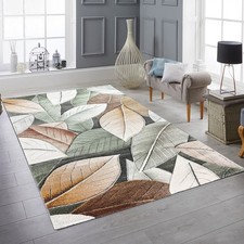 Tapis avec motif feuillage vert / beige / marron – facile d'entretien et moderne