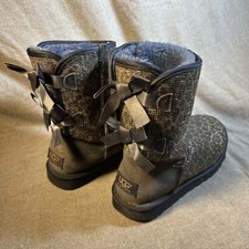 UGG Australia Womans Blue Bailey Bow Glitter Leopard Sheepskin Boots 8 RARE!