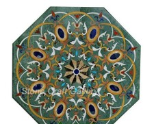 Plateau De Table En Marbre Vert 36" X 36" Incrusté De Multi Pierres Pietradura​