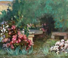 Impressionist Painting Landscape View Park Flower Garden Flowers Bench Stone Table