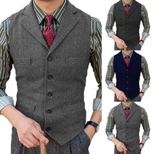 Gilet de costume homme rétro en chevrons vintage en encoche tweed revers taille