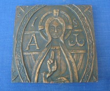 V68 TB Carreau Terre Cuite Relief Noir & Or Christ Pantocrator Icone A suspendre