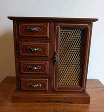Vintage Wood Jewelry Box Mini Armoire Yellow Velvet Mesh Door 4 Drawers Musical