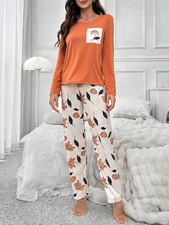 Ensemble pyjama à manches longues avec imprimé floral et poches, pantalon -...
