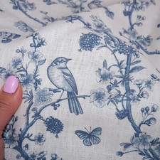 Toile de Jouy 100% linen fabric for curtains or home textile cherry blossom blue