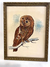 Antique painting on silk owl 59 x45 cm