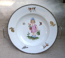 ANCIENNE ASSIETTE CHAUFFANTE BÉBÉ - EN PORCELAINE ET MÉTAL - VERS 1920/1930