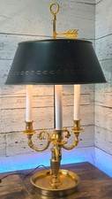 Bouillotte Lamp 3 Light French Style Gilt Brass Motif Leaf Green Tole 25¼" Tall