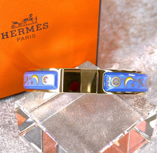 Vintage Hermes Clic Clac Bangle Bracelet Blue Enamel Stars Moon Gold GM w/Box