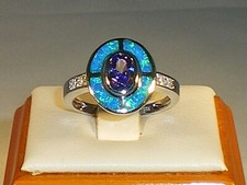 Ladies Art Deco Sterling 925 Solid Silver Opal Sapphire & Tanzanite Target Ring