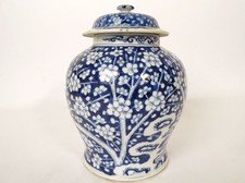 China Blue White Porcelain Ginger Covered Pot Plum Flowers 19th Century