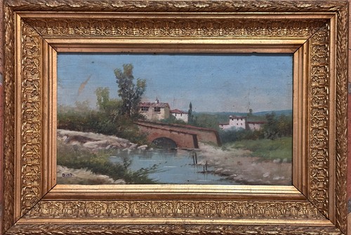 Ancien tableau paysage pont - au,
