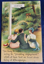 City Park Man & 2 Women on Bench Pressing Engagement Champaign Illinois Postcard