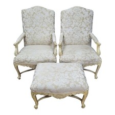 PAIR Vintage FRENCH Louis XV Style Carved Painted High Back ARM CHAIRS & OTTOMAN