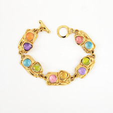 Vintage LOOLA PARIS Gold Plated Bracelet, Stations w Pastel Glass Stones