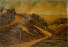 Peinture À L'huile Paysage Avec Route Et Maison Signée 46 X 66 Cm Sale