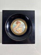 Portrait miniature sur ivoire femme aux tourterelles