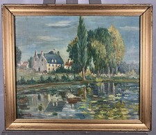 Huile post-impressionniste signée Ecole Française Etang près d'un manoir