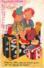 Old postcard fantasy - children sitting on a suitcase - humorous - honeymoon 
