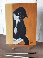 Tableau original chat noir art animal 12 par 9 chat yeux verts peinture à...