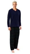 Nikaro Men's V Neck Fleece Pajamas - Navy Ribbed Long Sleeve Top & Checked