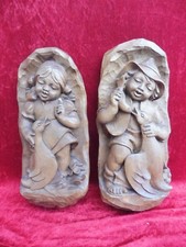 Images en Bois, Jeune Et Fille Avec Oies, 2 Belle, vieux Sculptures sur Bois