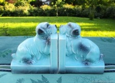 Antique Turquoise Earthenware Puppies Bookends