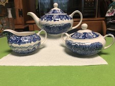 Woods Ware English Scenery Teapot Sugar w/Lid Creamer Enoch Woods Blue/White