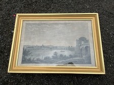 Gravure ancienne et beau cadre doré  Vue d’une ville avec pont et ruines