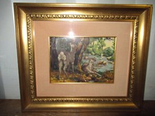 WOODEN DEER RIVER EDGE - VINTAGE PAINTING TAPESTRY CANVAS GOLD FRAME - NO. 106