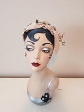 Vintage 1940/1950's Casque Style Hat in Taupe with Millinery Flowers + Ribbon