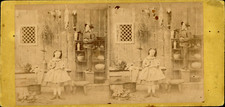 Children in a kitchen flying cookies, vintage print, ca.1870, stereo shooting