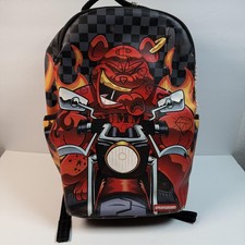 Sprayground Limited Edition Bear Motorcycle Flames Backpack red distressed