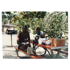 Drinking Miller Beer at Park Photo 1980s Picnic Table Barbecue Snapshot B3374