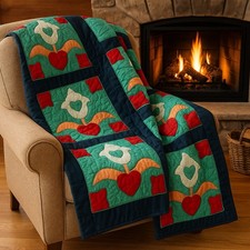 Vintage Handmade Quilt – 55” x 65” – Folk Art Appliqué Hearts & Tulips – Denim