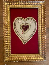 Heart of Mary & Fabric & Pearls & Fastened on Velvet & Gilded Wood Frame & 19th Century