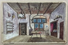 Original drawing old model decor theater room wood stove window stained glass