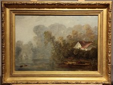 Paul Huet (1803-1869) : Maison au bord de l'étang, Huile Sur Panneau