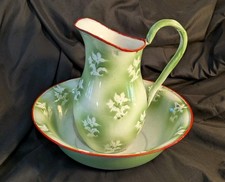 Toilet set, pitcher basin, light green enamelled sheet metal floral decor 
