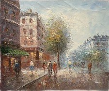 Peinture Huile Sur Toile Vue De Paris Rue Animée Signé Akbas XXEME