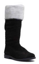 Botte Femme En Suède Noir À Talon Plat Arrondi Haut Genou Fourrure UK 3 - 8