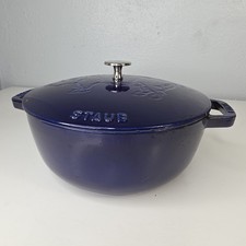 Rare STAUB Embossed PIG Enameled Cast Iron French Oven Dark Blue 24c 4qt W Lid