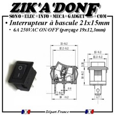 Interrupteur à bascule ON/OFF, 6A/250VAC, 21x15mm (commutateur, 2 positions) 